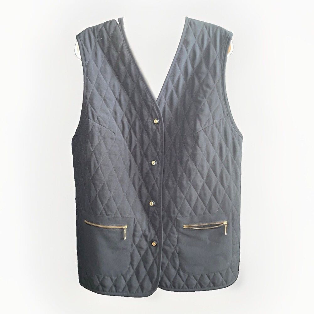 Sommermann Germany Black Quilted Vest Womens EU 44 US 14 Gold Zip Pockets Lined